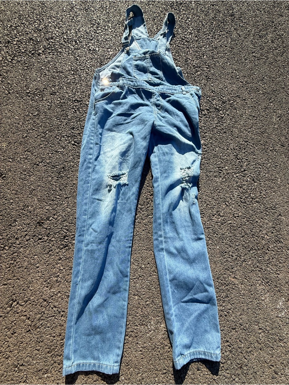 Women’s Light Blue Distressed Denim Overalls